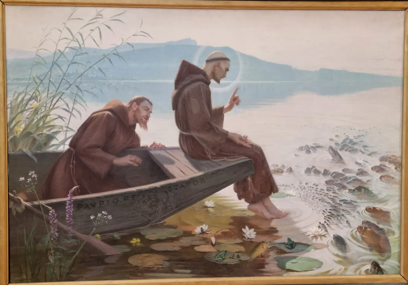 Saint François d’Assise prêchant aux poissons (1898) by Édouard Jérôme Paupion — original painting reproduced as a hand-painted oil on canvas