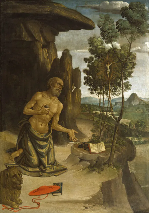 Saint Jerome in the Wilderness (1477) by Pinturicchio — original painting reproduced as a hand-painted oil on canvas