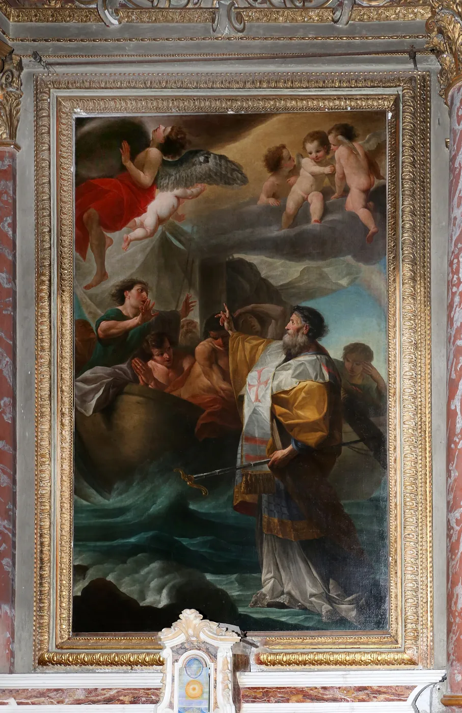 Saint Nicholas saves a ship in the storm (1779) by Carlo Giuseppe Ratti — original painting reproduced as a hand-painted oil on canvas
