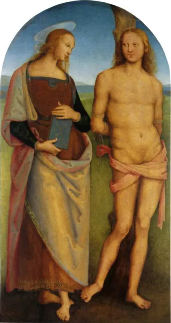 Saint Sebastian and Saint Apollonia (1510) by Pietro Perugino — original painting reproduced as a hand-painted oil on canvas