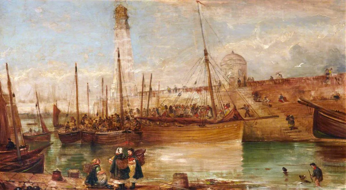 Sale of Bait: The Arrival of the Mussel Boats, Newhaven by Alexander Leggett — original painting reproduced as a hand-painted oil on canvas