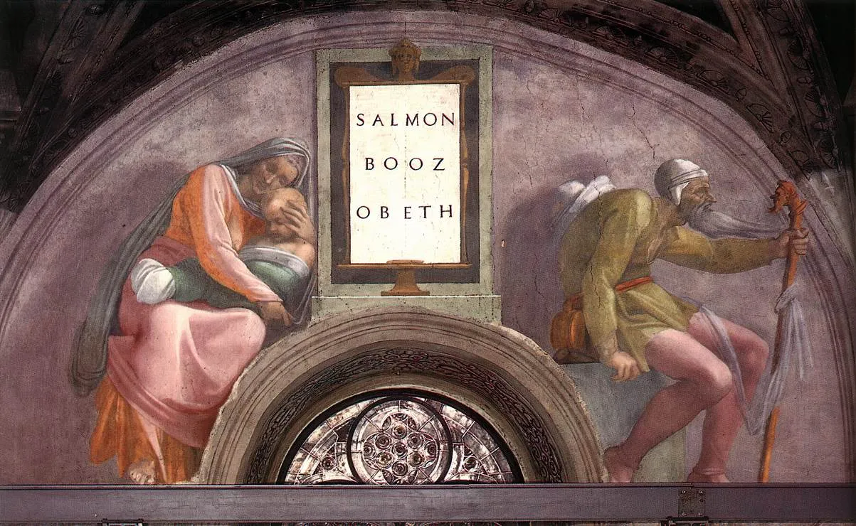 Salmon, Boaz, Obed (1511) by Michelangelo — original painting reproduced as a hand-painted oil on canvas