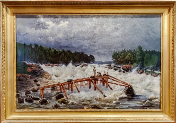 Salmon damn in Vallinkoski (1884) by Aukusti Uotila — original painting reproduced as a hand-painted oil on canvas