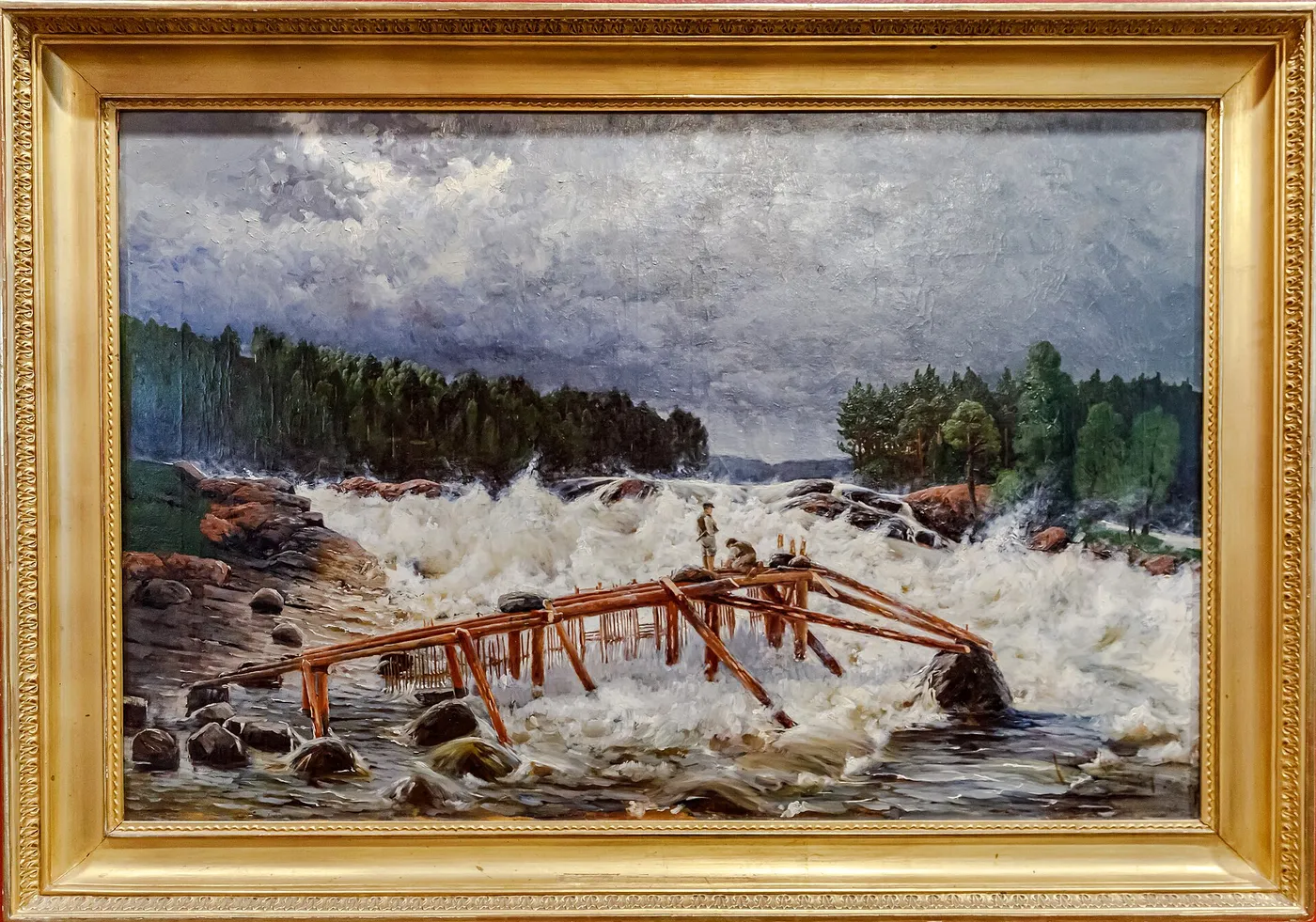 Salmon damn in Vallinkoski (1884) by Aukusti Uotila — original painting reproduced as a hand-painted oil on canvas