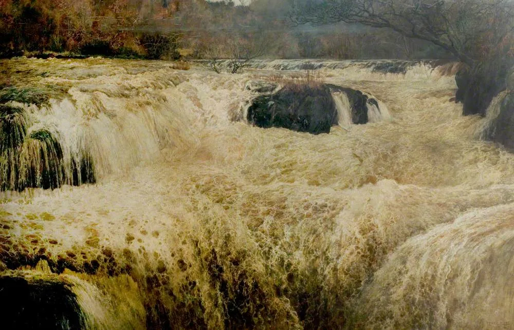 Salmon Leap, Cenarth Falls, Cardiganshire (1878) by Frank Miles — original painting reproduced as a hand-painted oil on canvas