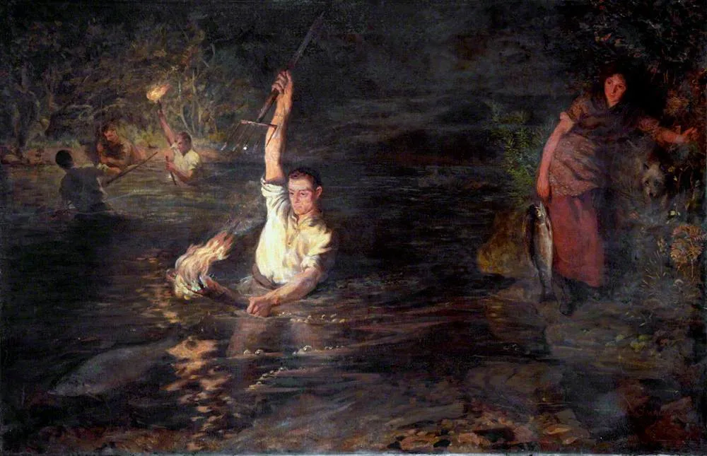 Salmon Spearing (1900) by Alexander George Small — original painting reproduced as a hand-painted oil on canvas