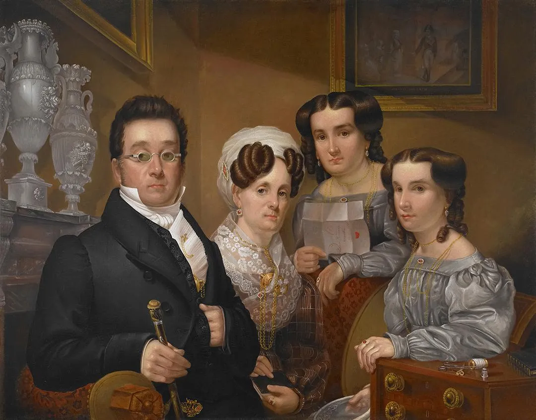 Samuel Beals Thomas, with His Wife, Sarah Kellogg Thomas, and Their Two Daughters, Abigail and Pauline (1830) by Edward Dalton Marchant — original painting reproduced as a hand-painted oil on canvas