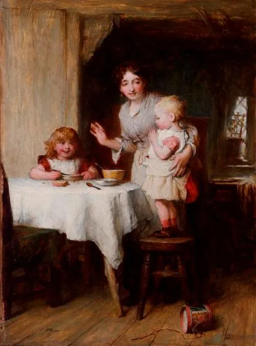 Saying Grace (1887) by Alexander Hohenlohe Burr — original painting reproduced as a hand-painted oil on canvas