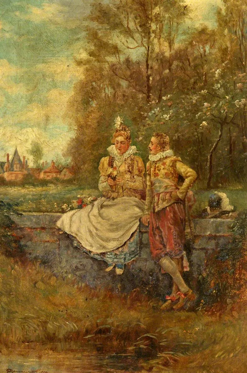 Scene with Two Figures in Tudor Costume by Ernest Ravenscroft — original painting reproduced as a hand-painted oil on canvas