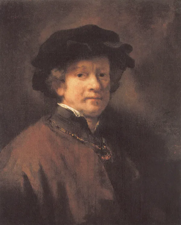 Self portrait with black baret and golden chain (1654) by Rembrandt — original painting reproduced as a hand-painted oil on canvas