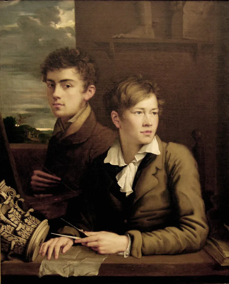 Self-Portrait with Johann Peter Weyer (1813) by Carl Joseph Begas — original painting reproduced as a hand-painted oil on canvas