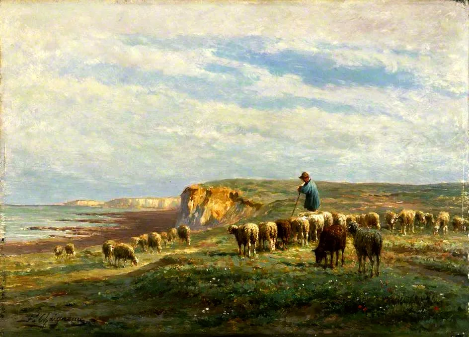 Sheep on the Cliff (1885) by Ferdinand Chaigneau — original painting reproduced as a hand-painted oil on canvas