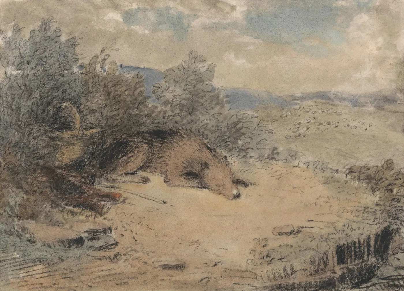 Sheepdog Asleep in a Landscape by Andrew Geddes — original watercolour reproduced as a hand-painted oil on canvas