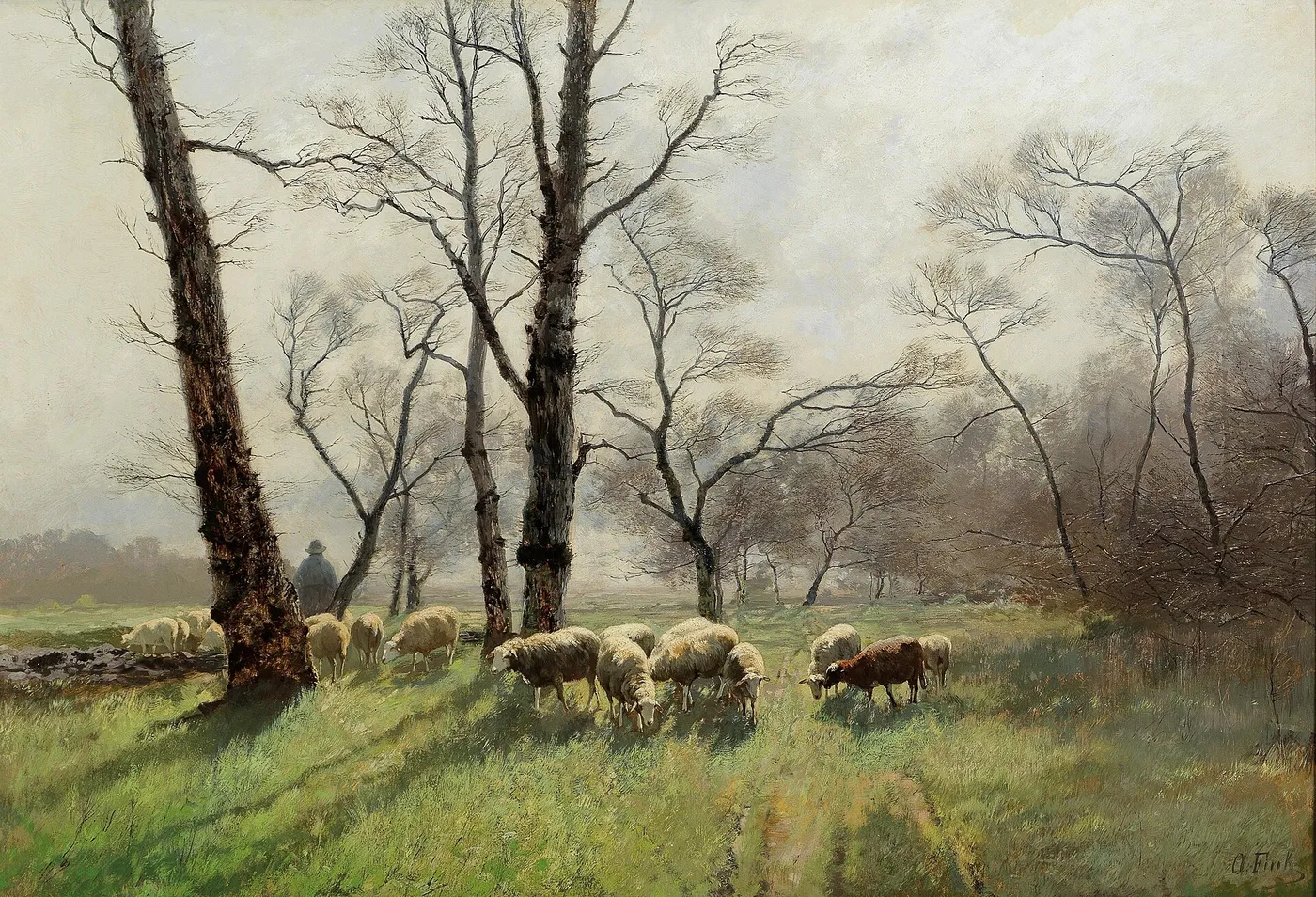 Shepherd with his Flock in the Evening Light — August Fink