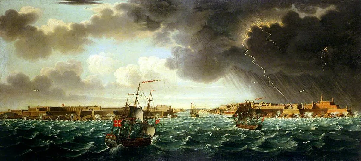 Shipping in a rough sea off Malta (1750) by Alberto Pullicino — original painting reproduced as a hand-painted oil on canvas
