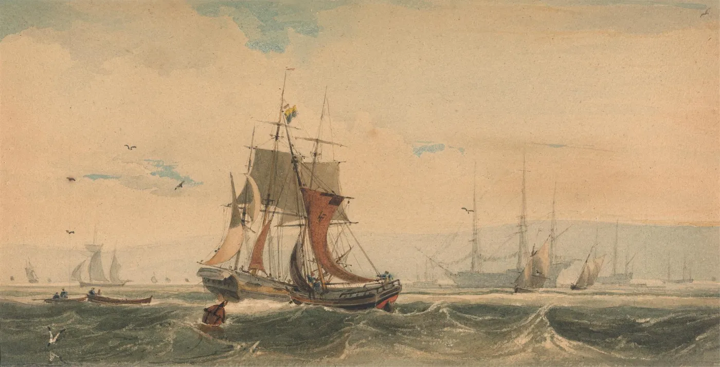 Shipping on the Medway, Kent by François Louis Thomas Francia — original watercolour reproduced as a hand-painted oil on canvas
