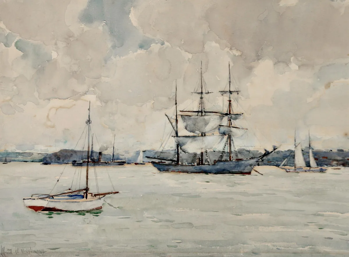 Ships Auckland Harbour, 1913 by Alfred Wilson Walsh — original painting reproduced as a hand-painted oil on canvas