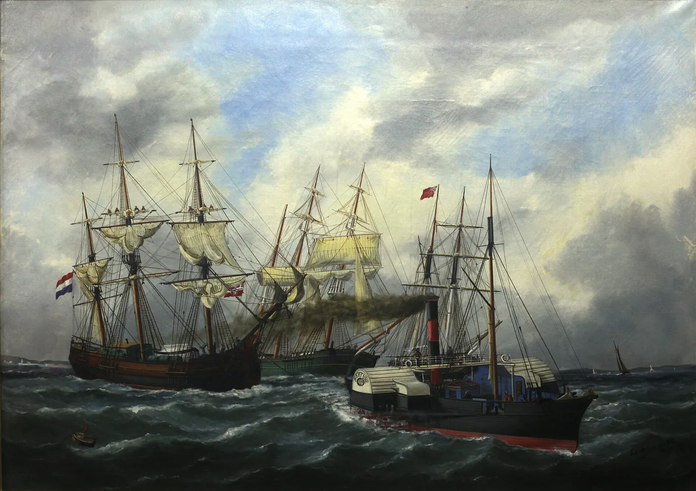 Ships entering Le Havre, towed by a tugboat (1882) by Édouard Adam — original painting reproduced as a hand-painted oil on canvas