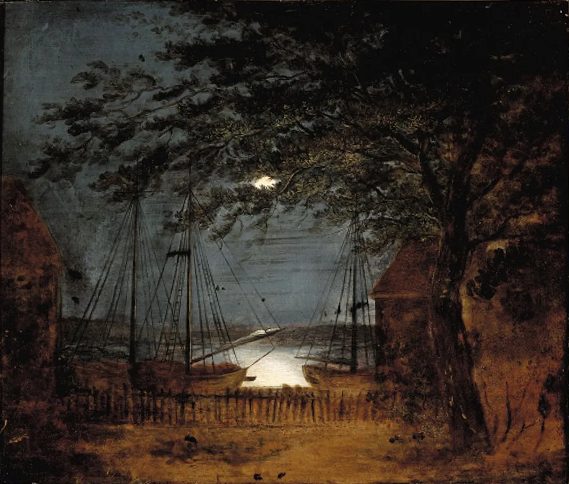 Ships in a moonlit harbour. (1830) by F.M.E. Fabritius de Tengnagel — original painting reproduced as a hand-painted oil on canvas