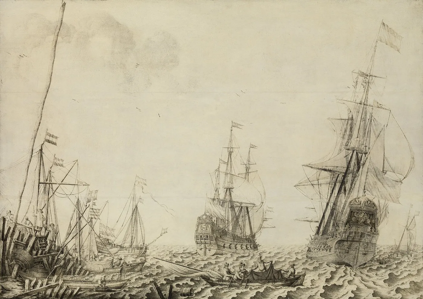Ships near a Harbor (1649) by Experiens Sillemans — original painting reproduced as a hand-painted oil on canvas