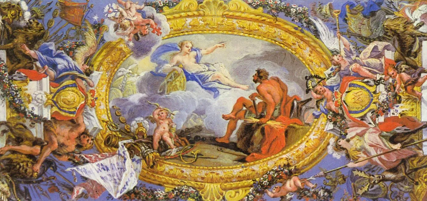 Sketch for a ceiling painting in the Landgrave Castle or Orangerie in Kassel (1719) by Franz Ludwig Raufft — original painting reproduced as a hand-painted oil on canvas