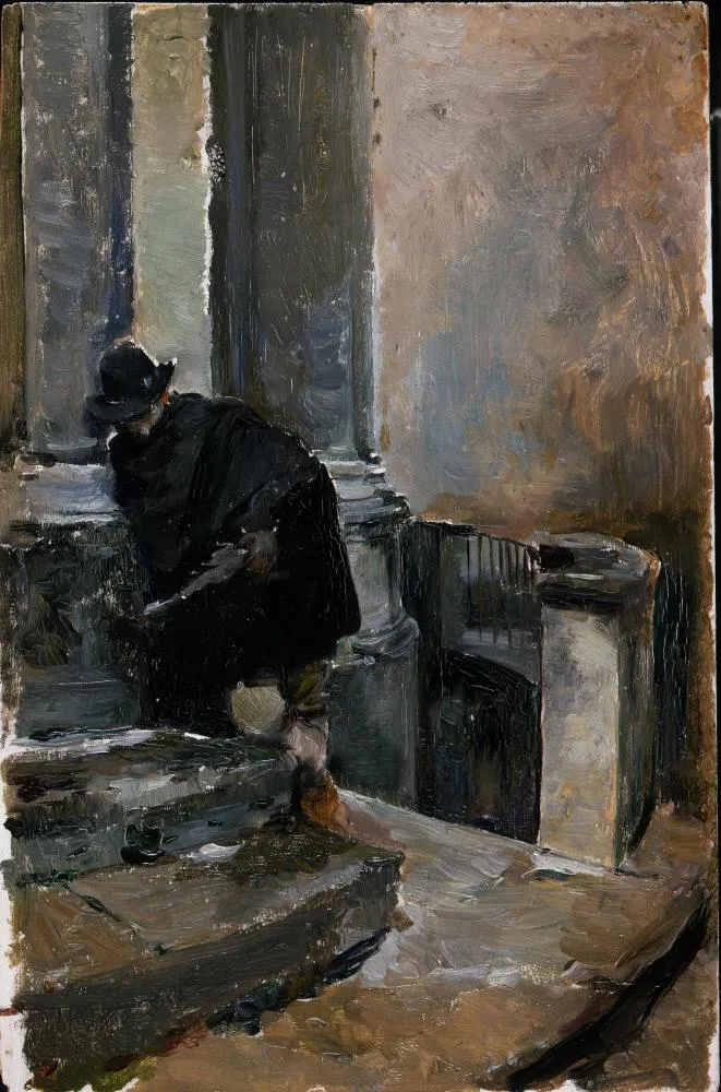 Sketch (Man with cape on steps) (1900) by Emilio Sala — original painting reproduced as a hand-painted oil on canvas