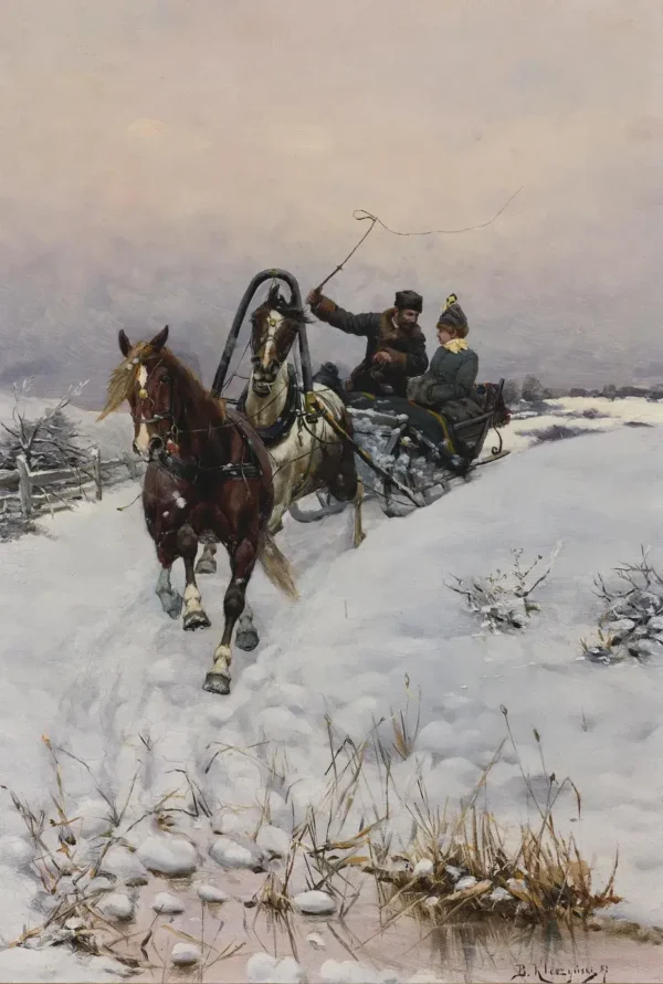 Sleigh ride (1887) by Bohdan Kleczyński — original painting reproduced as a hand-painted oil on canvas