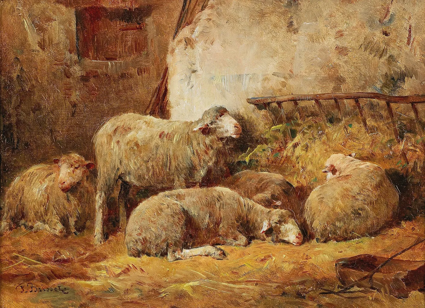 Small Stable Scene with Sheep (1892) by Félix Brissot de Warville — original painting reproduced as a hand-painted oil on canvas