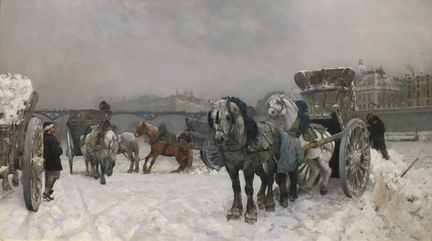Snow Dumping on the Seine (1880) by Christian Skredsvig — original painting reproduced as a hand-painted oil on canvas