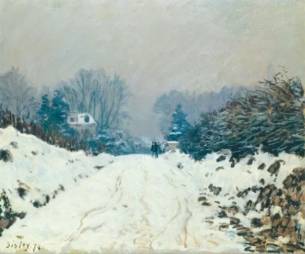 Snow landscape in Louveciennes (1874) by Alfred Sisley — original painting reproduced as a hand-painted oil on canvas