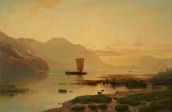 Soirée au bord du lac des Quatre-Cantons (1869) by Auguste Veillon — original painting reproduced as a hand-painted oil on canvas