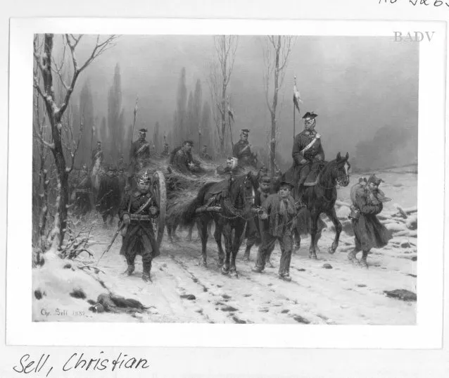 Soldiers in winter scenery (1882) by Christian Sell — original painting reproduced as a hand-painted oil on canvas
