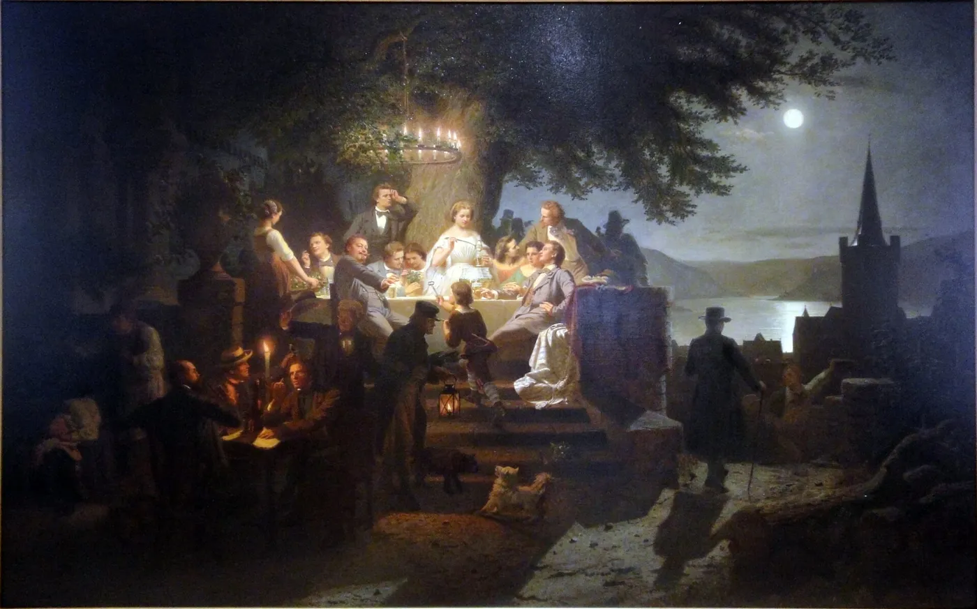 Sommernacht am Rhein (1850) by Christian Eduard Boettcher — original painting reproduced as a hand-painted oil on canvas