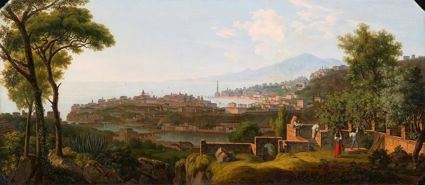Southern Harbour Town (1831) by Alois von Saar — original painting reproduced as a hand-painted oil on canvas
