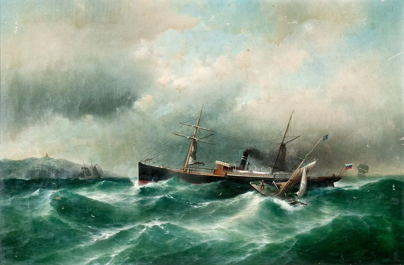SS Capella on stormy seas (1888) by Carl Fedeler — original painting reproduced as a hand-painted oil on canvas