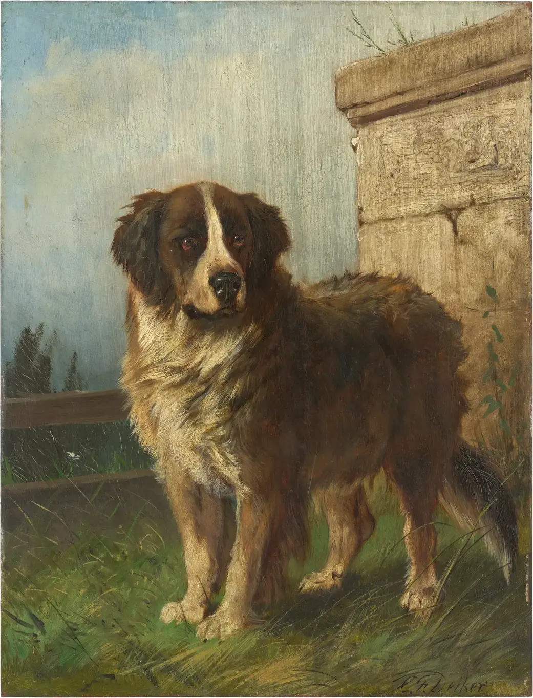 St. Bernard in an Alpine Landscape (1860) by Carl Friedrich Deiker — original painting reproduced as a hand-painted oil on canvas