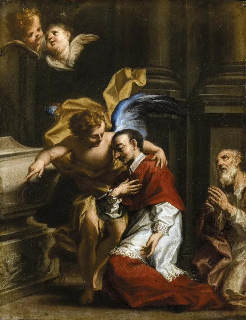 St Carlo Borromeo Tended by an Angel (1750) by Francesco Caccianiga — original painting reproduced as a hand-painted oil on canvas