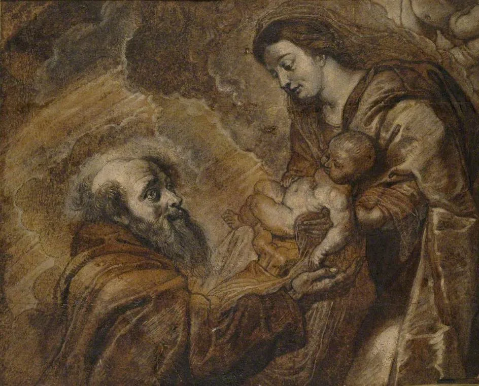 St Francis kneeling before the Virgin and Child by Cornelis Visscher — original painting reproduced as a hand-painted oil on canvas