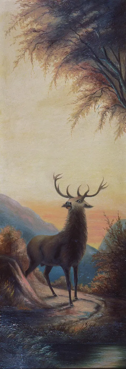 Stag in mountain landscape (1880) by Ethel Morgan — original painting reproduced as a hand-painted oil on canvas