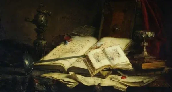 Still Life, Books (1880) by Ernest Eugène Lefebvre — original painting reproduced as a hand-painted oil on canvas