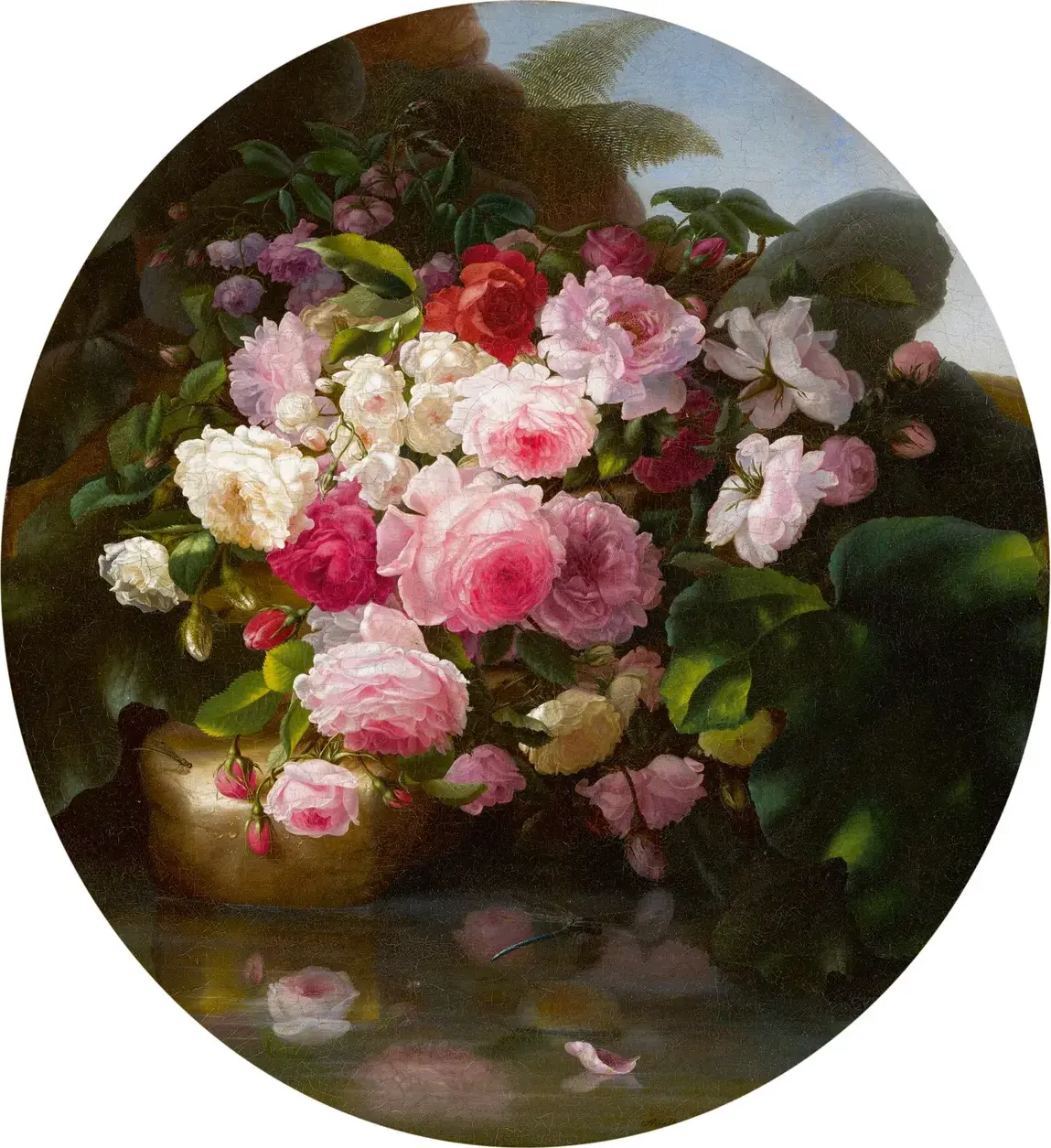 Still life of roses (1860) by Adelheid Dietrich — original painting reproduced as a hand-painted oil on canvas