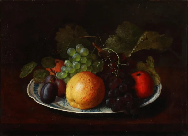 Still life with apples, plums, and grapes on an earthenware dish (1863) by Ada Sindberg — original painting reproduced as a hand-painted oil on canvas