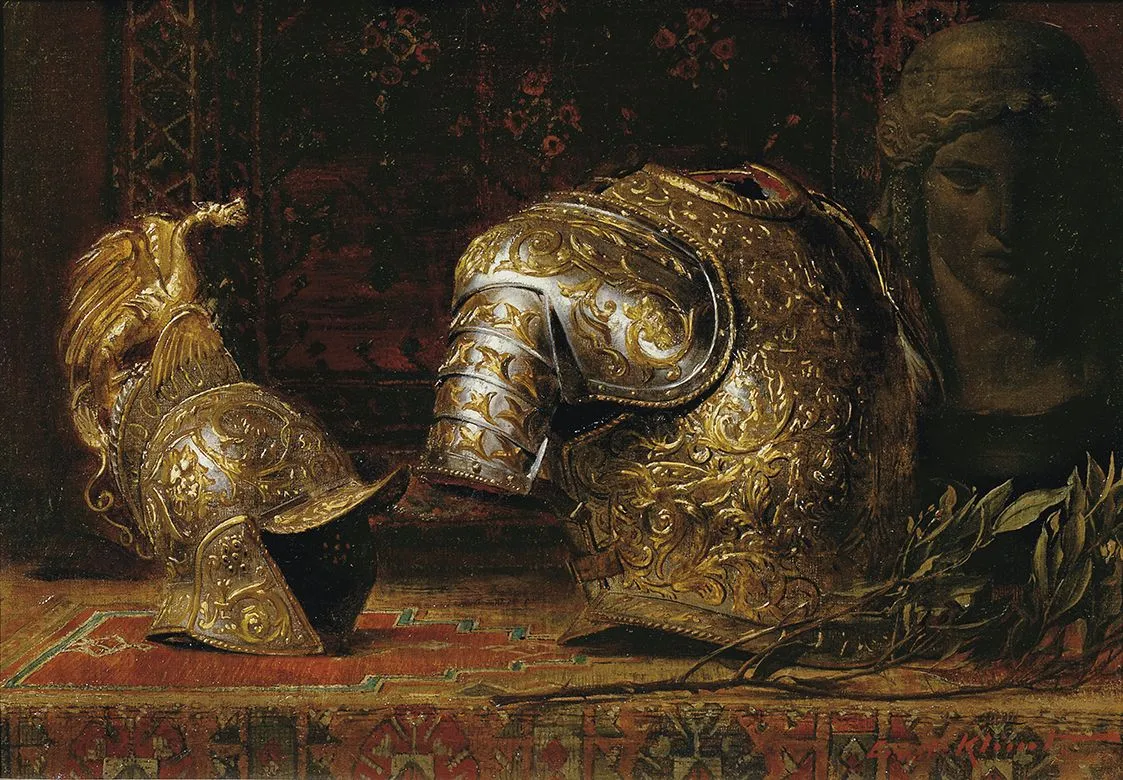 Still Life with Armor (1885) by Ernst Klimt — original painting reproduced as a hand-painted oil on canvas