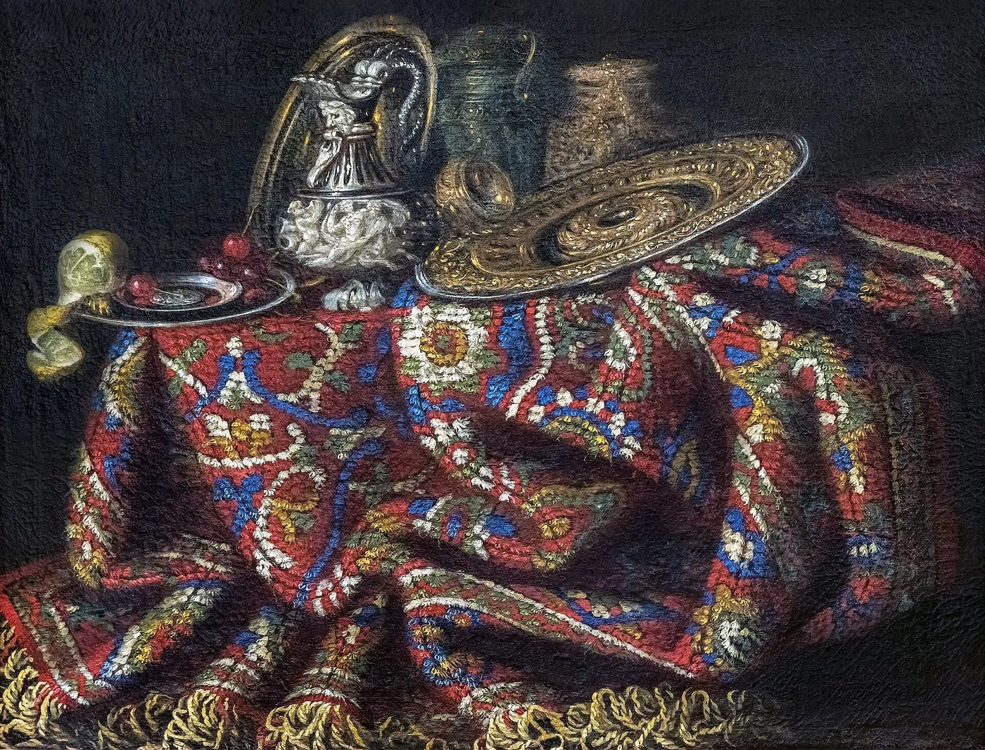 Still life with carpet (1670) by Francesco Maltese — original painting reproduced as a hand-painted oil on canvas