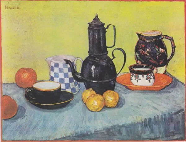 Still life with coffee pot, dishes and fruit (1888) by Vincent van Gogh — original painting reproduced as a hand-painted oil on canvas