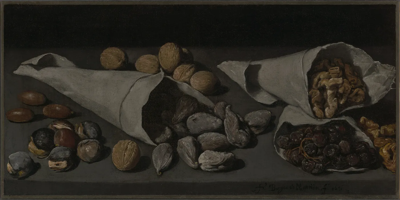 Still Life with Dried Fruit (1631) by Francisco de Burgos Mantilla — original painting reproduced as a hand-painted oil on canvas