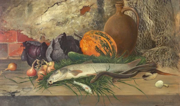 Still life with fish, cabbage, pumpkin, onions and a wine jug. (1836) by Adolf Melchert — original painting reproduced as a hand-painted oil on canvas