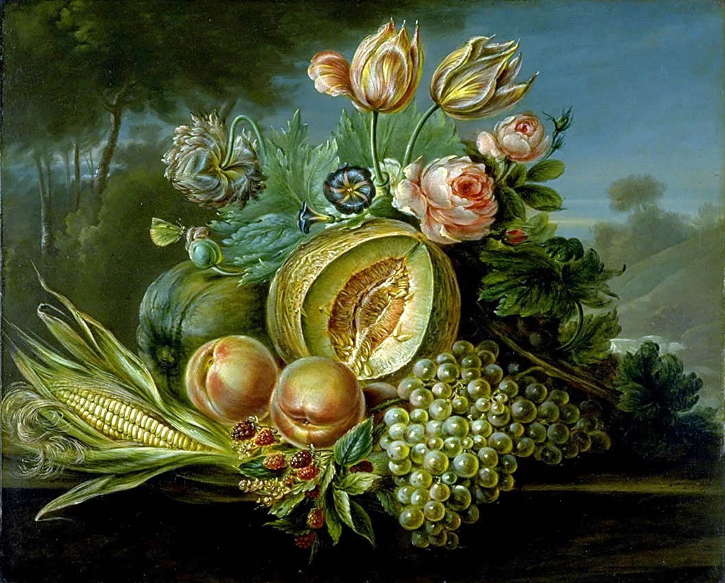 Still Life with Fruit and Flowers (1824) by Cornelius de Beet — original painting reproduced as a hand-painted oil on canvas