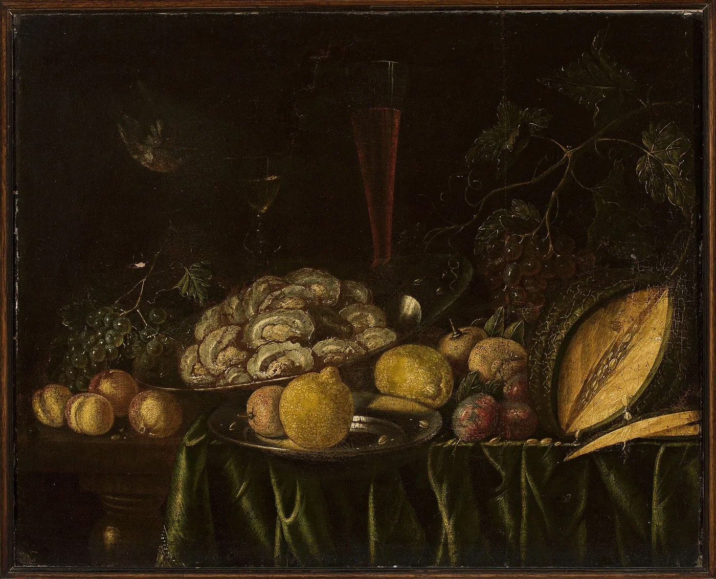 Still life with – fruit, mussels and a bird by Cornelis de Bryer — original painting reproduced as a hand-painted oil on canvas