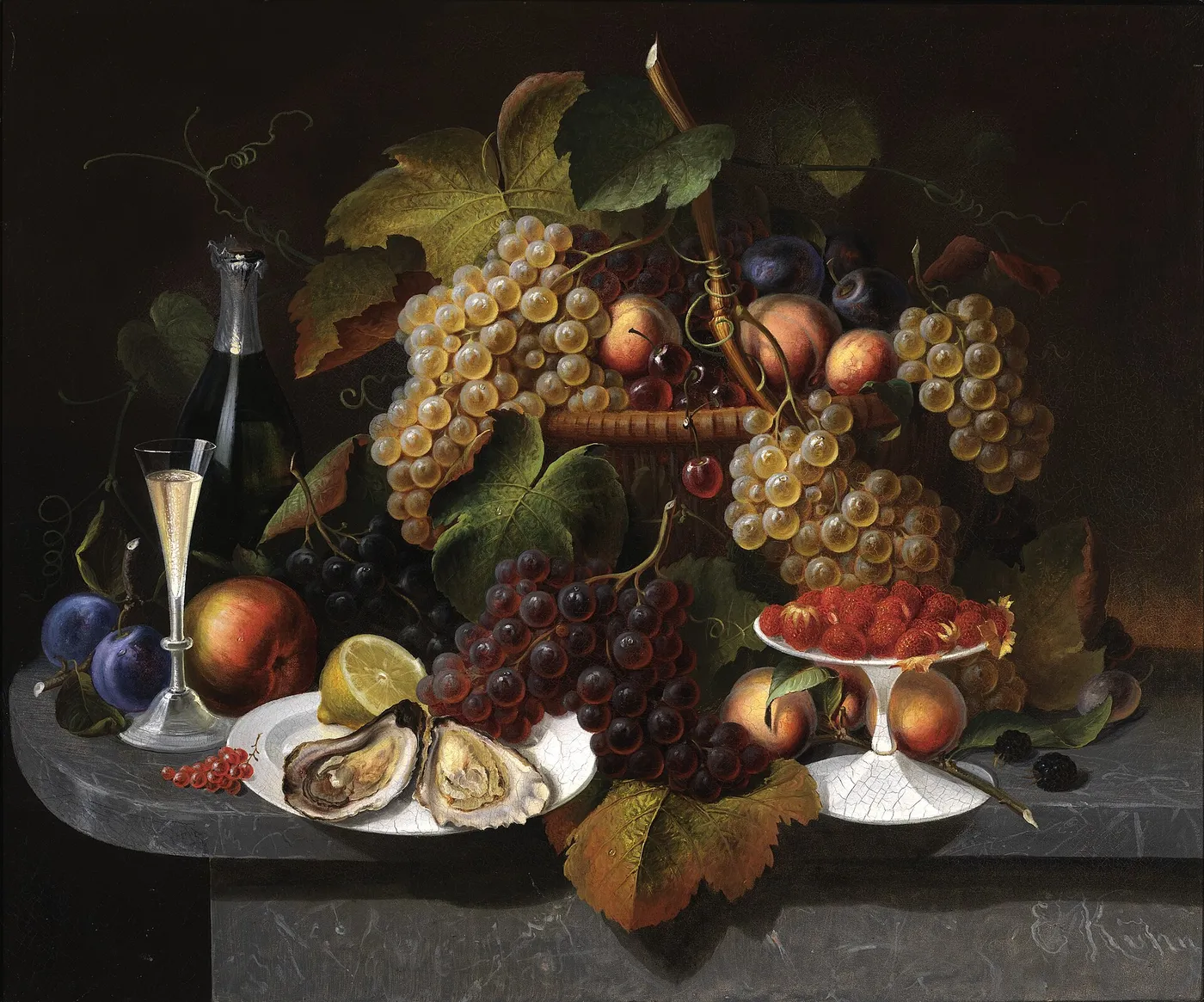 Still Life with Fruit, Oysters, and Wine (1865) by Everhart Kuhn — original painting reproduced as a hand-painted oil on canvas